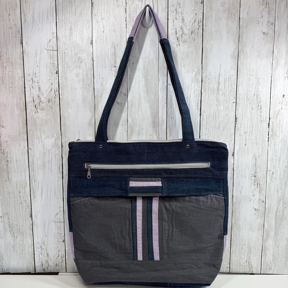 Large Denim Zippered Tote Bag: Upcycled, Blue, Gray, Purple